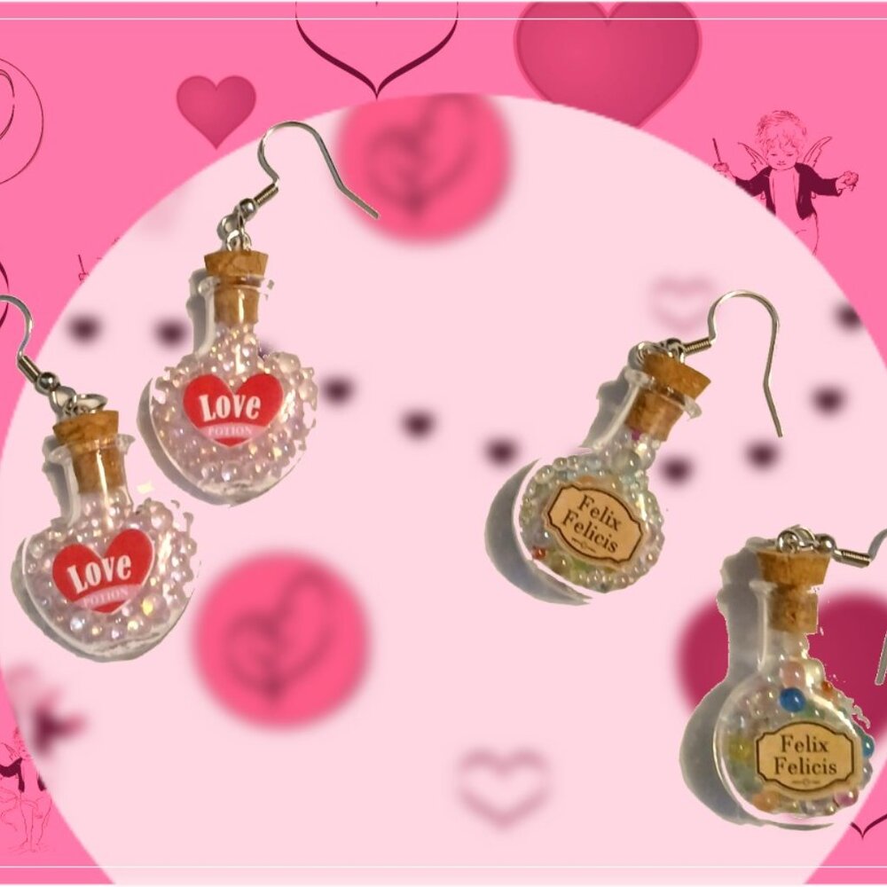 2 Pair of LOVE Potion Glass Bottle & Corked Earrings 1" Pink & Pastel "Bubbles"